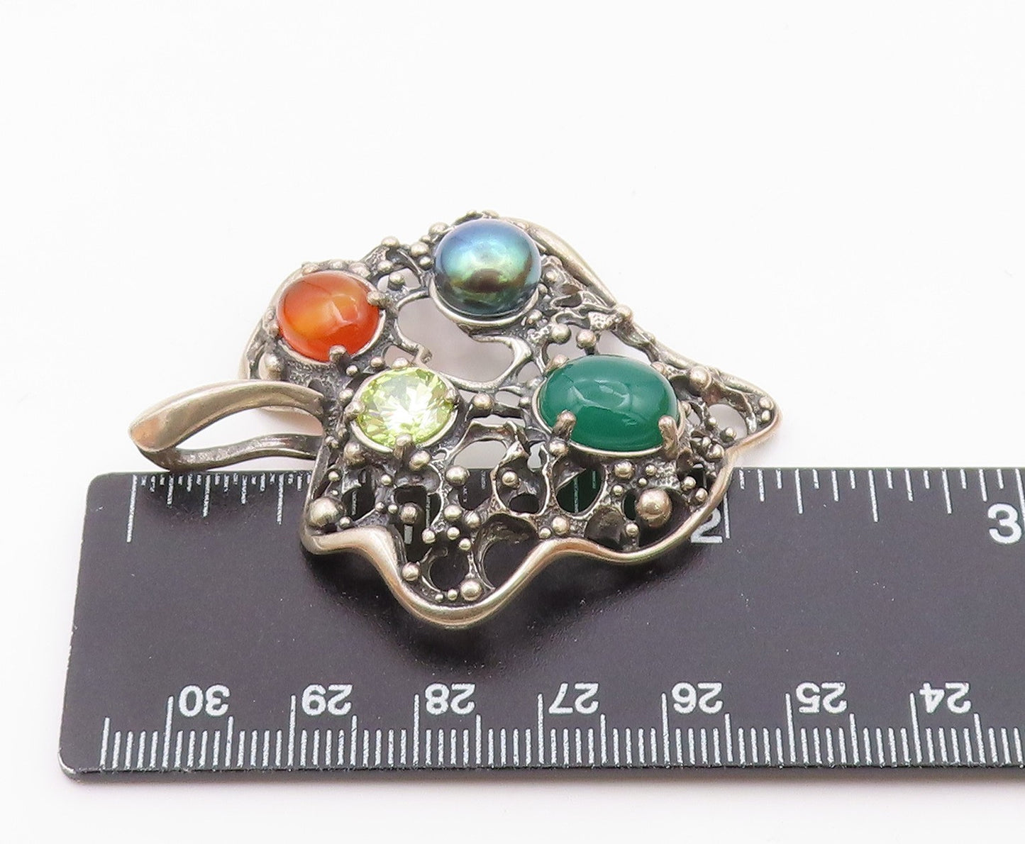 925 Sterling Silver  Vintage Pearl Carnelian Agate & Peridot Pendant  PT7828