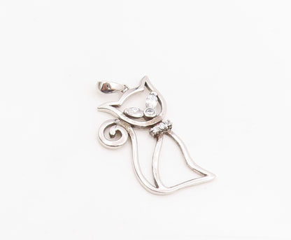 925 Sterling Silver Vintage Pendant Two Shape Topaz Curled Tail Cat   PT25220