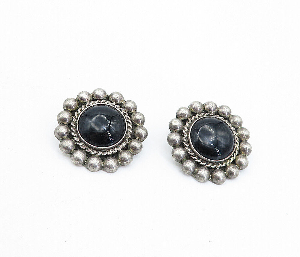MEXICO 925 Silver  Vintage Black Onyx Floral Twist Non Pierce Earrings  EG2242