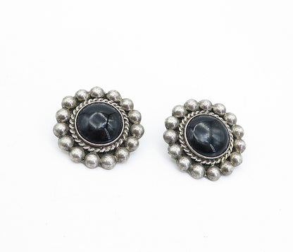 MEXICO 925 Silver  Vintage Black Onyx Floral Twist Non Pierce Earrings  EG2242