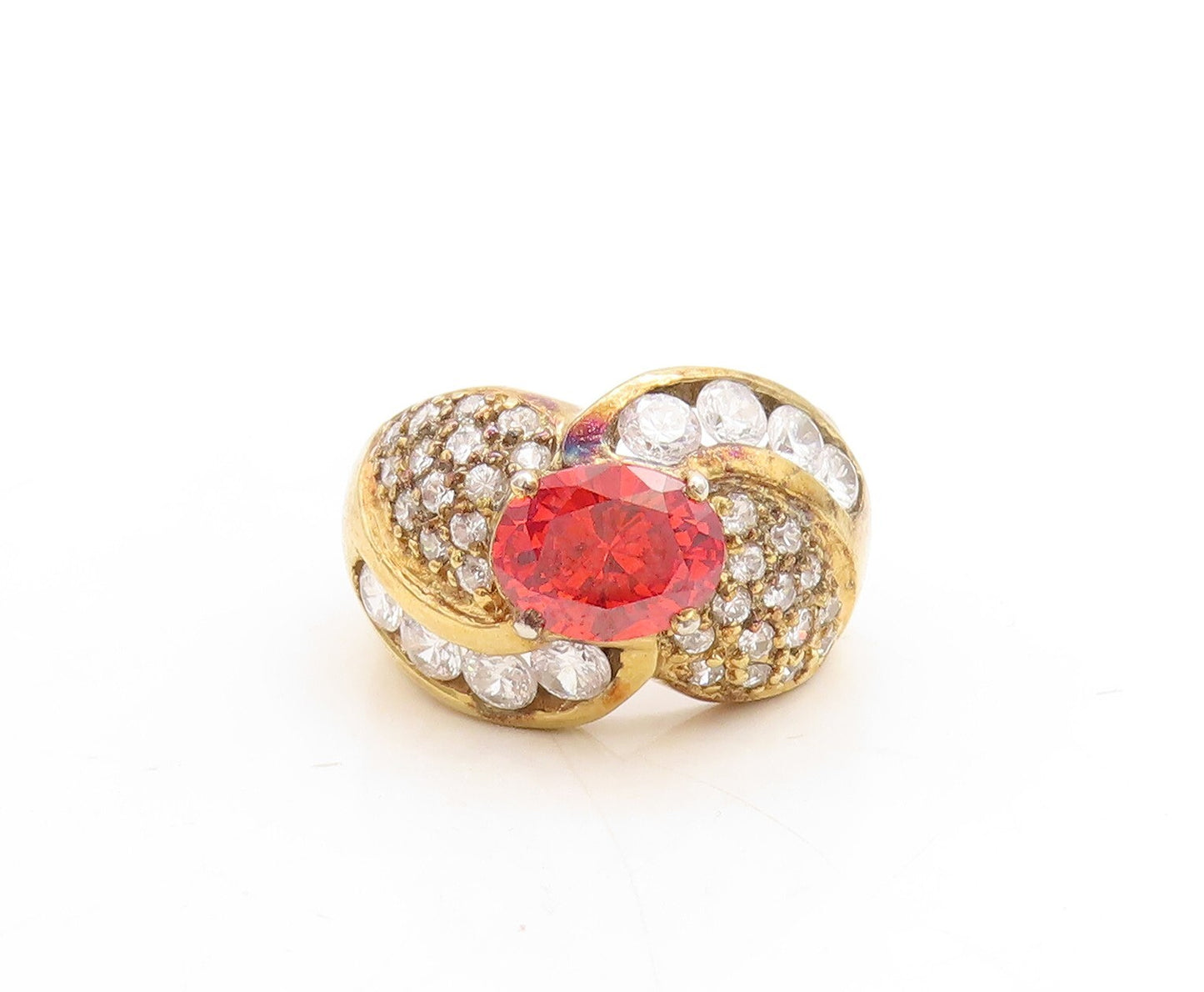 925 Sterling Silver Vintage Ring Gold Plated Designer Red White CZ Sz 6  RG31214