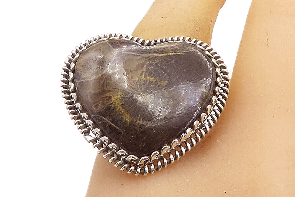 925 Sterling Silver  Brown Jasper Love Heart Cocktail Ring Sz 8.5  RG8474