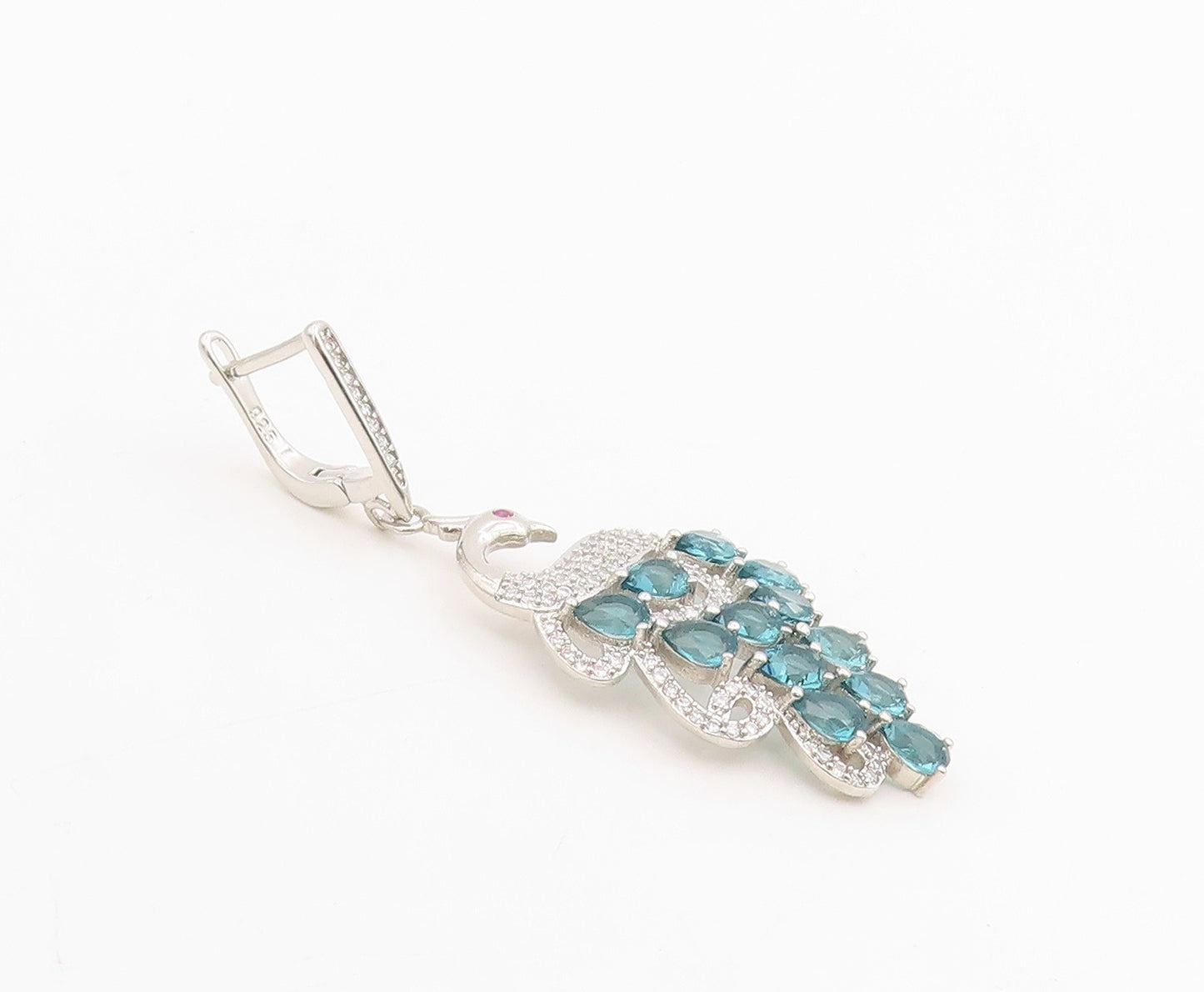 925 Sterling Silver Vintage Earrings Blue Topaz & CZ Peacock Dangles  EG13846