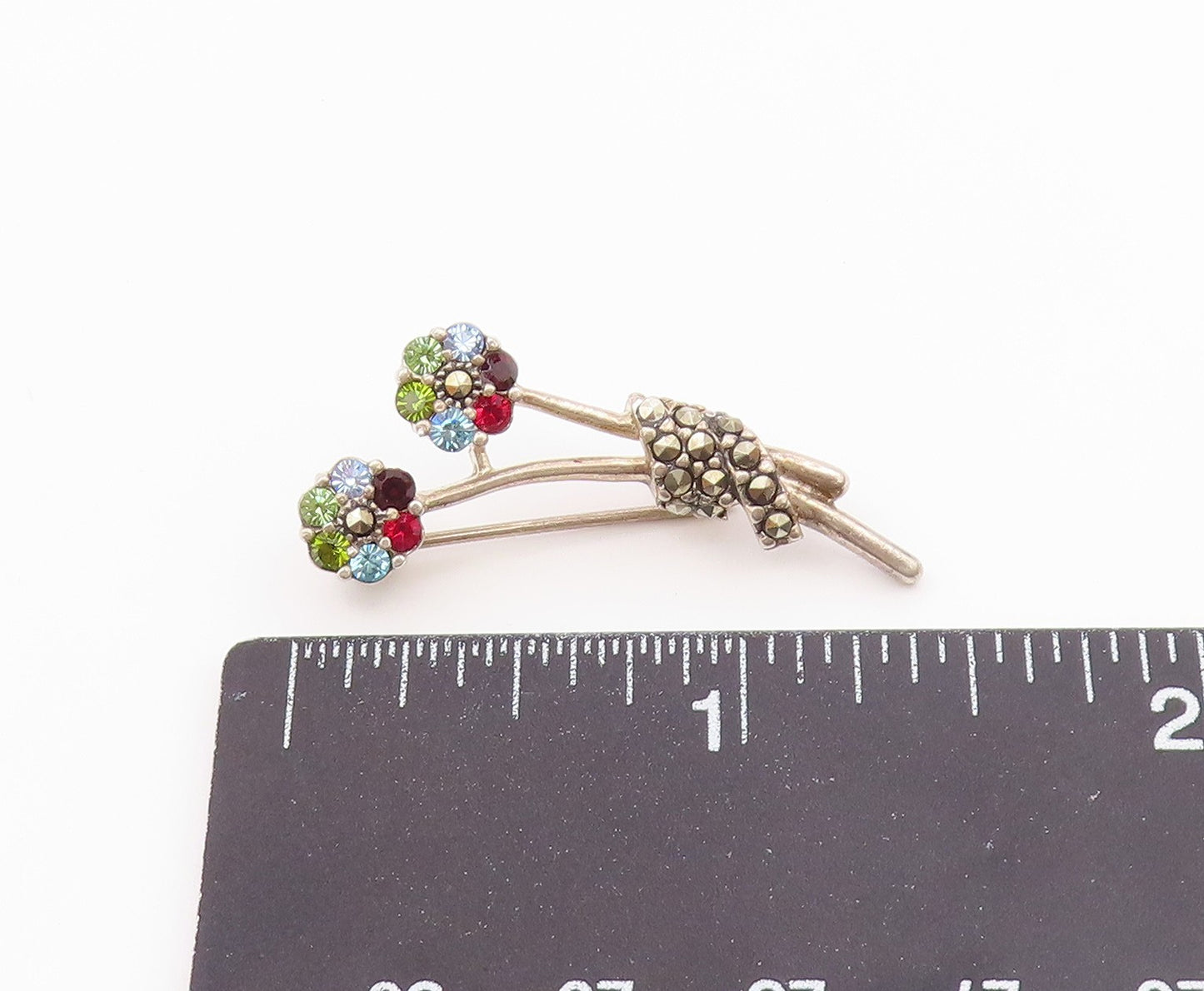 925 Silver  Vintage Beautiful Garnet & Multi Stone Flower Brooch Pin  BP9774