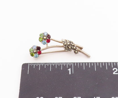 925 Silver  Vintage Beautiful Garnet & Multi Stone Flower Brooch Pin  BP9774