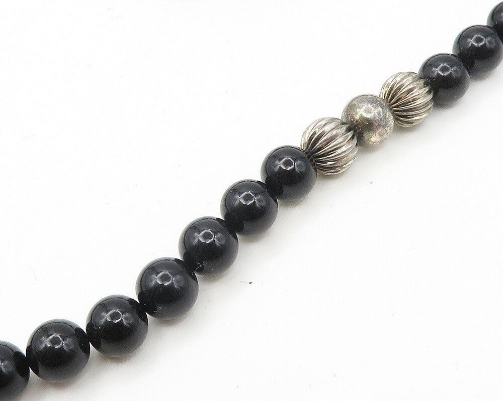 925 Sterling Silver  Vintage Black Onyx Beaded Pattern Chain Necklace  NE2912