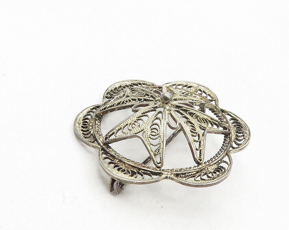925 Sterling Silver  Vintage Antique Filigree Floral Dome Brooch Pin  BP3707