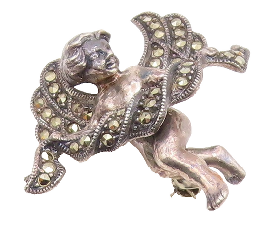 JUDITH JACK 925 Sterling Silver  Vintage Marcasite Angel Brooch Pin  BP8278