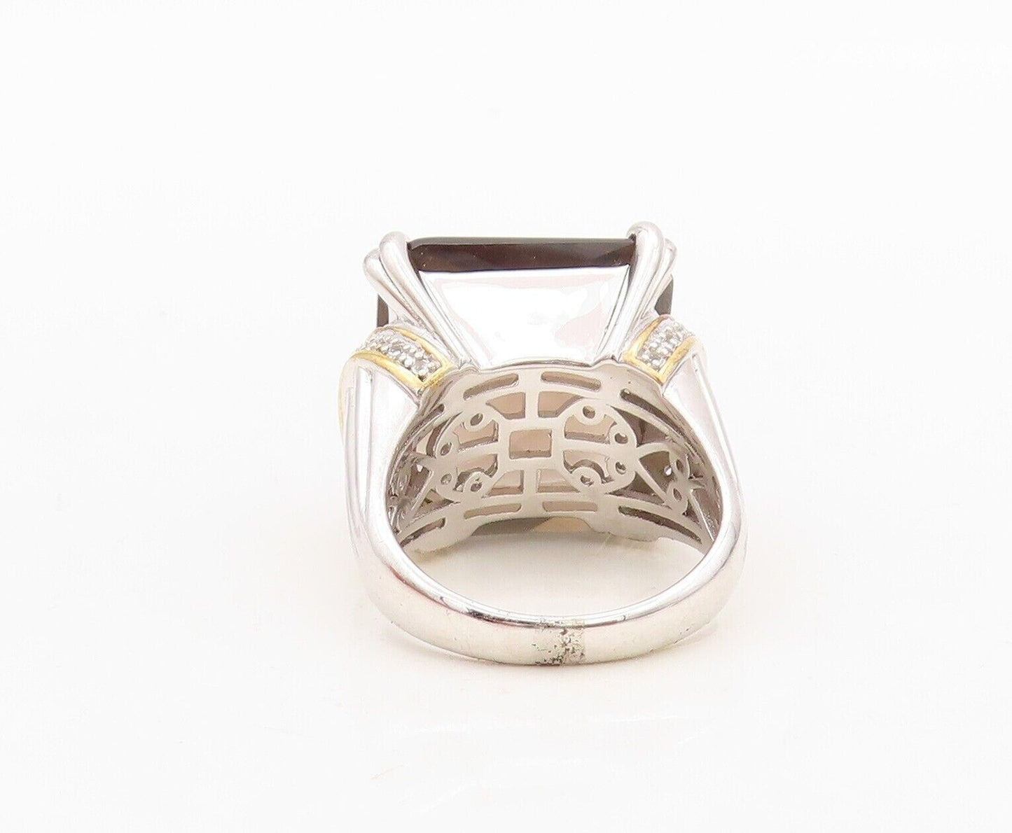 925 Sterling Silver Vintage Ring Diamonds & Square Cut Smoky Quartz Sz 7 RG30501