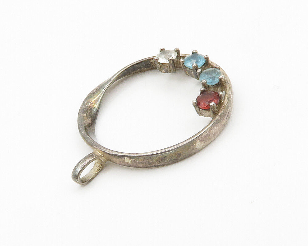925 Sterling Silver  Vintage Red White & Blue Topaz Circle Pendant  PT11416