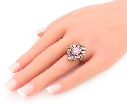 925 Sterling Silver Vintage Ring Garnet Citrine & Gemstone Flower  Sz 6  RG29282