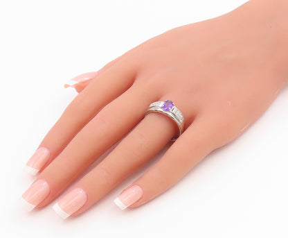 925 Sterling Silver Vintage Ring Amethyst & CZ Statement Band  Sz 10  RG36151
