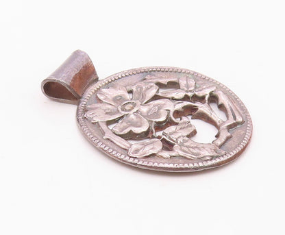 925 Sterling Silver Vintage Beaded Edge Flower & Leaves Cutout Pendant PT21893