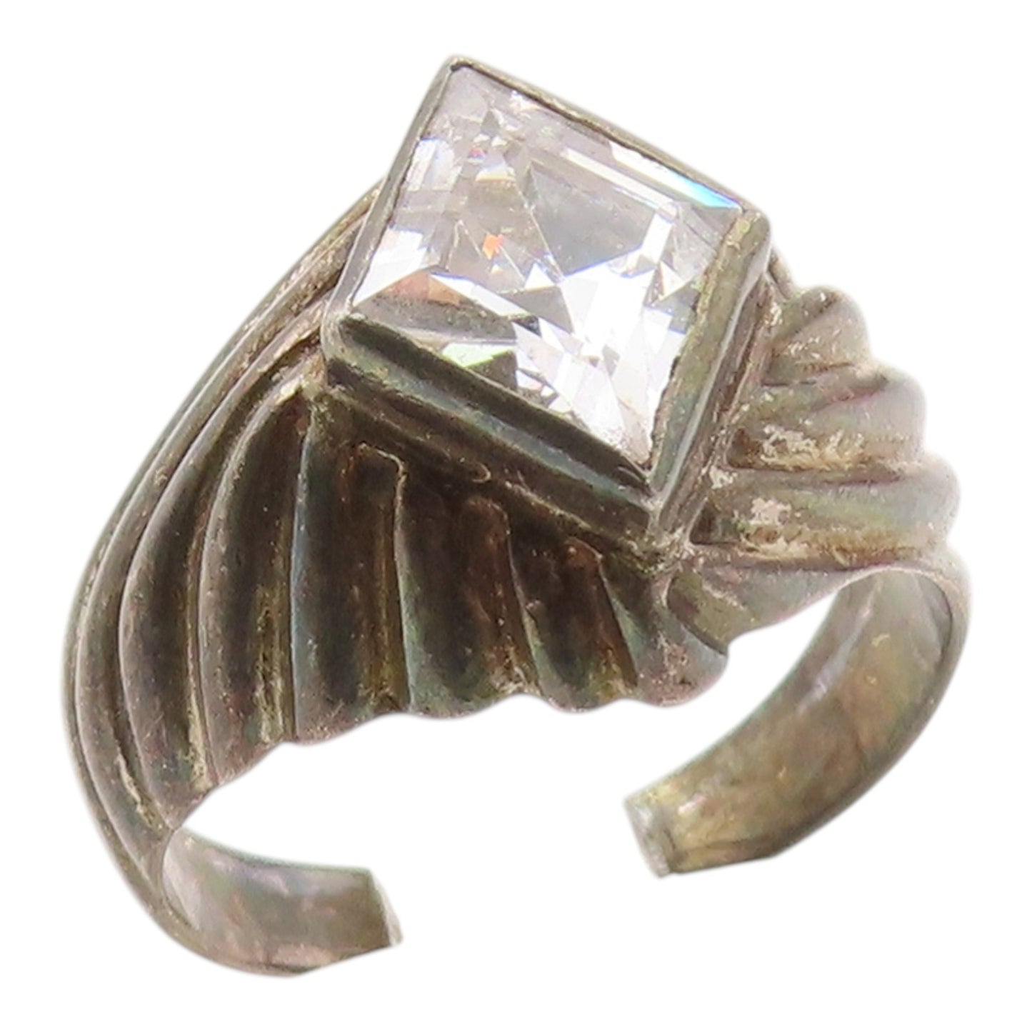 925 Sterling Silver Vintage Ring Bold CZ Ribbed Geometric Band  Sz 9.5  RG36399