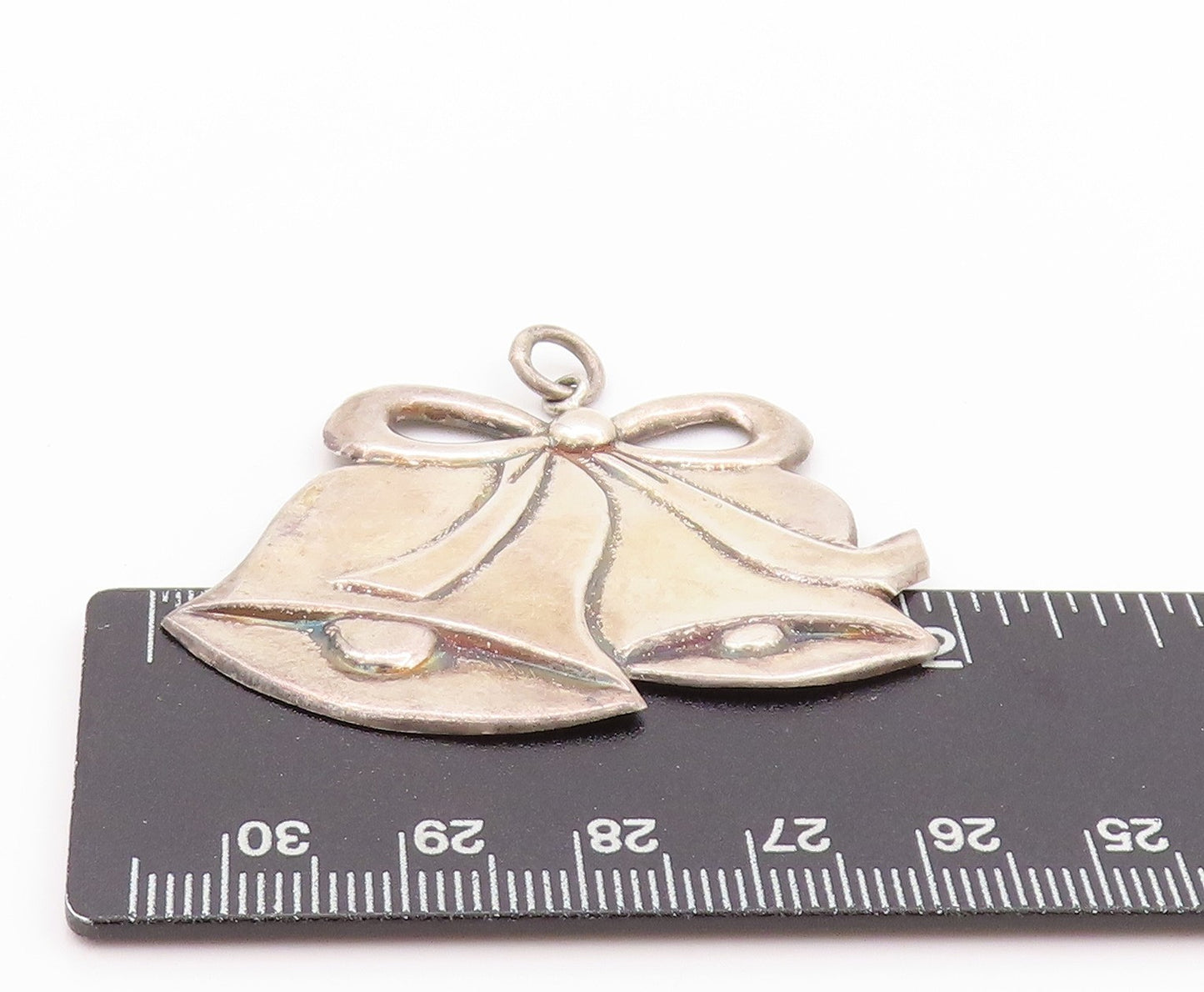 925 Sterling Silver Vintage Pendant Christmas Bells With Bow Cutout  PT24077