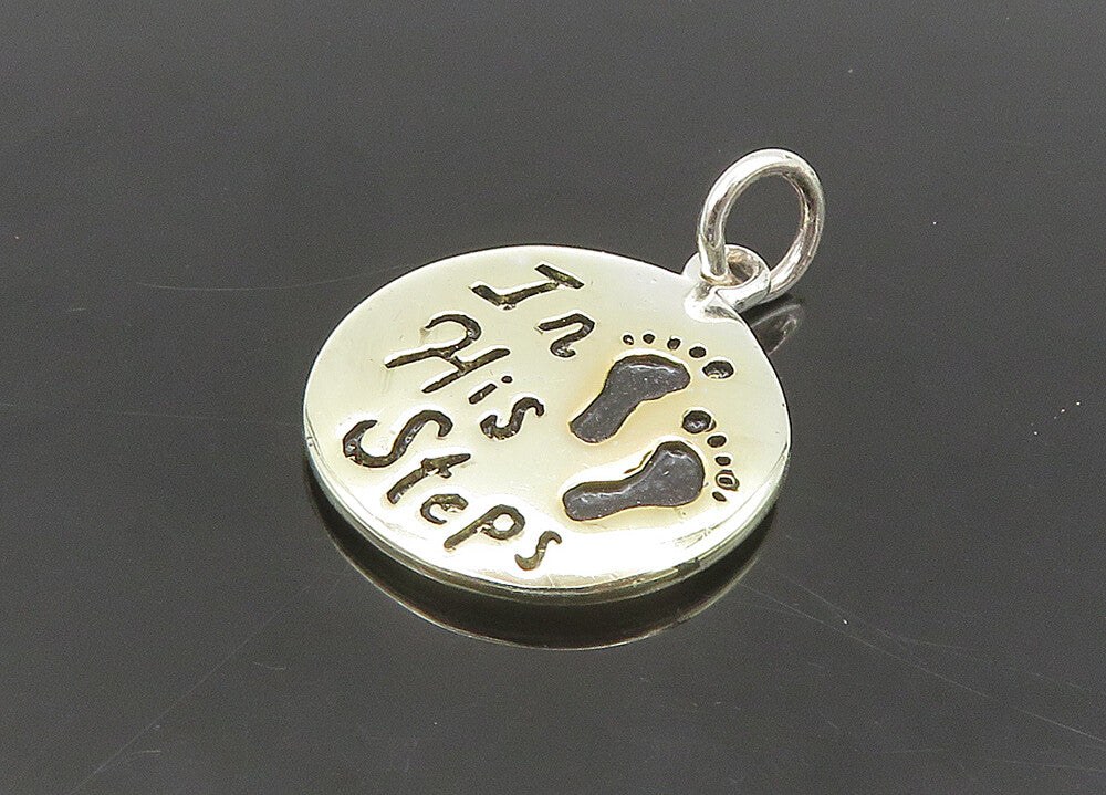 925 Sterling Silver Vintage Footprints Love Heart In His Steps Pendant PT16573