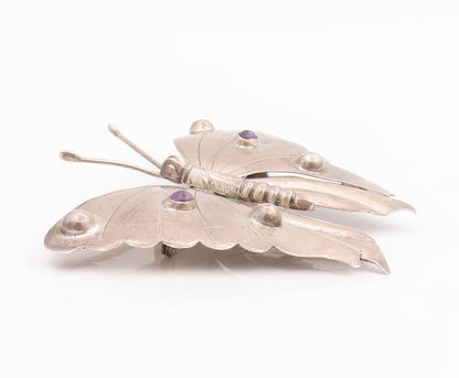 925 Sterling Silver Vintage Brooch Pin MEXICO Round Amethyst Butterfly  BP12509