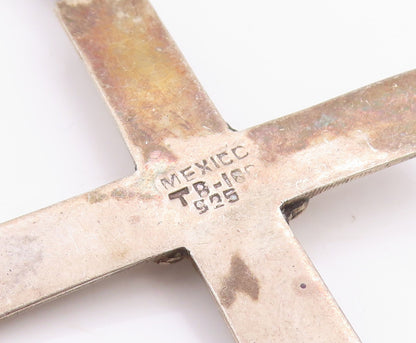 925 Sterling Silver Vintage Pendant MEXICO Solid Floral Carved Cross PT24613