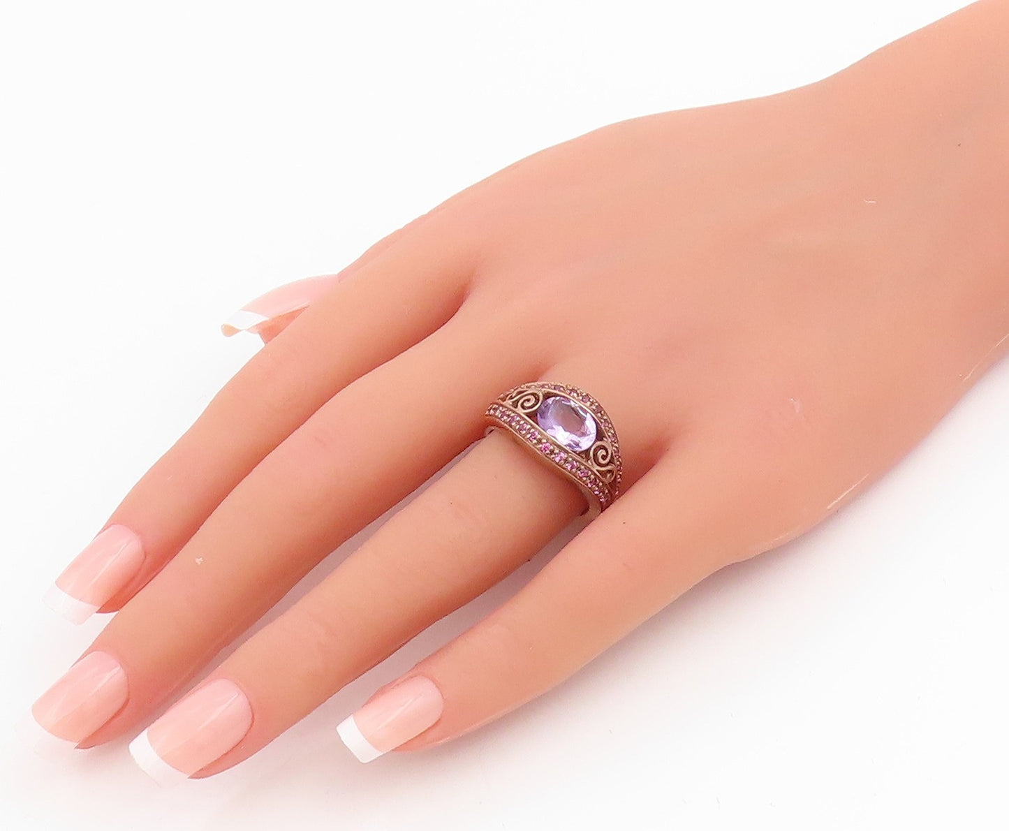 925 Sterling Silver Vintage Ring Gold Plated Amethyst Scroll Band  Sz 8  RG34813
