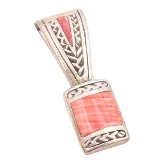 CAROL FELLEY 925 Sterling Silver Vintage Inlaid Coral Square Pendant PT19838