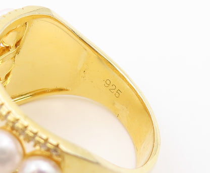 925 Sterling Silver Vintage Ring Gold Plated Multi Row Pearl Band Sz 10 RG36783