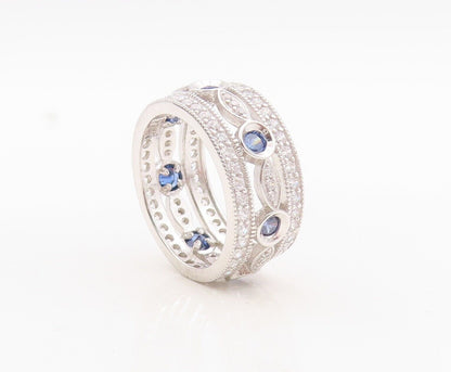 925 Sterling Silver Vintage Ring Cutout Band Sapphire & CZ Inlay  Sz 7  RG29984