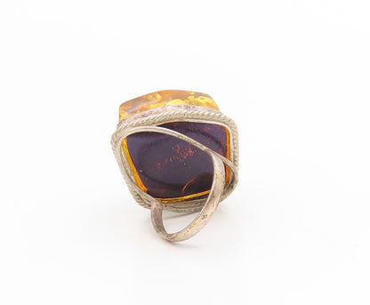 925 Sterling Silver Vintage Ring Baltic Honey Amber Cabochon Band  Sz 7  RG34426