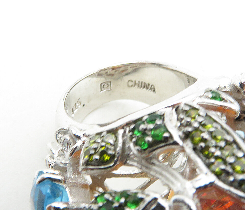 925 Sterling Silver   Citrine Cubic Zirconia & Topaz Cocktail Ring Sz 7 RG9180