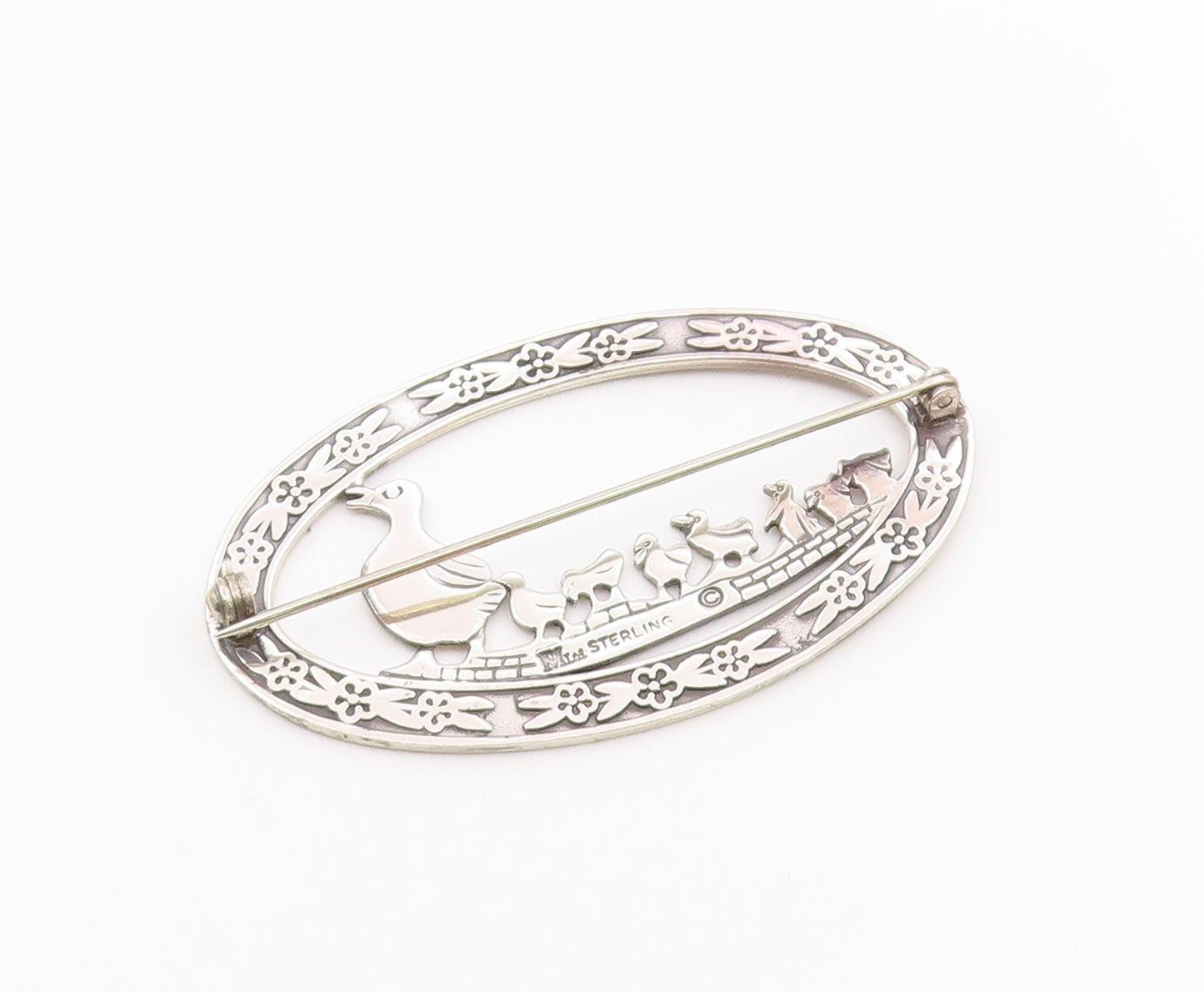 MIA 925 Sterling Silver  Vintage Mom & Baby Ducks Floral Brooch Pin  BP6755