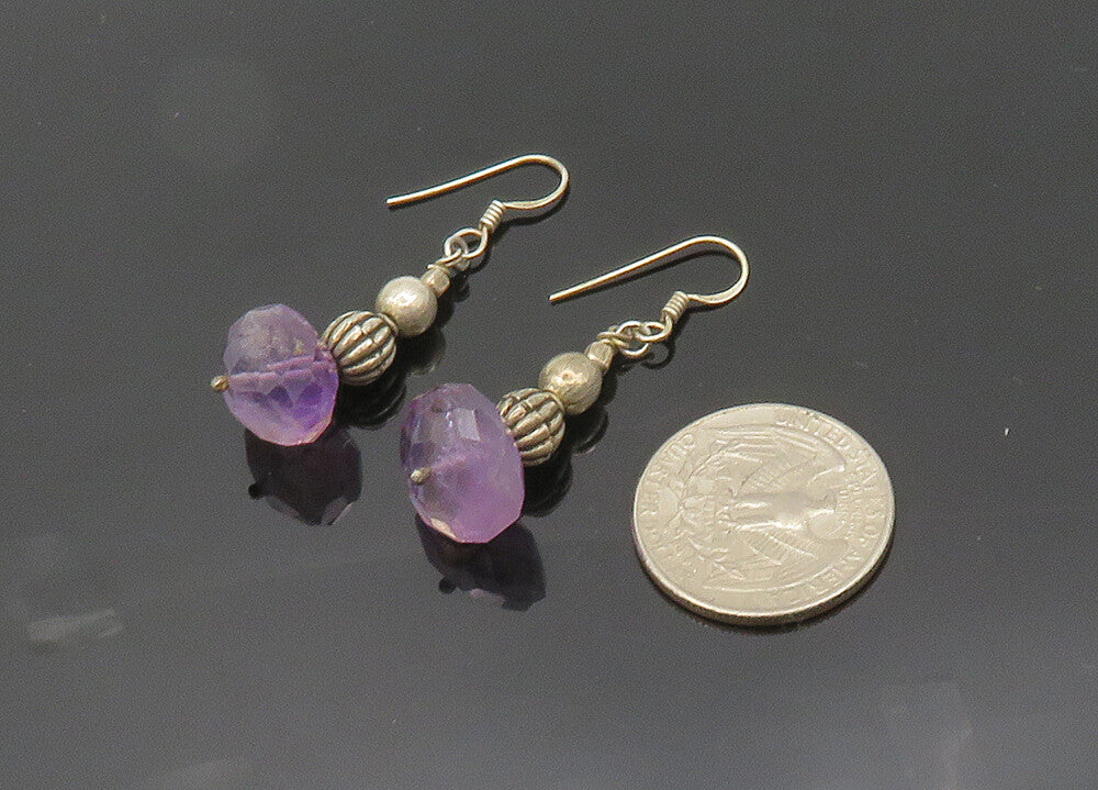 925 Sterling Silver  Vintage Faceted Amethyst Beaded Dangle Earrings  EG10013