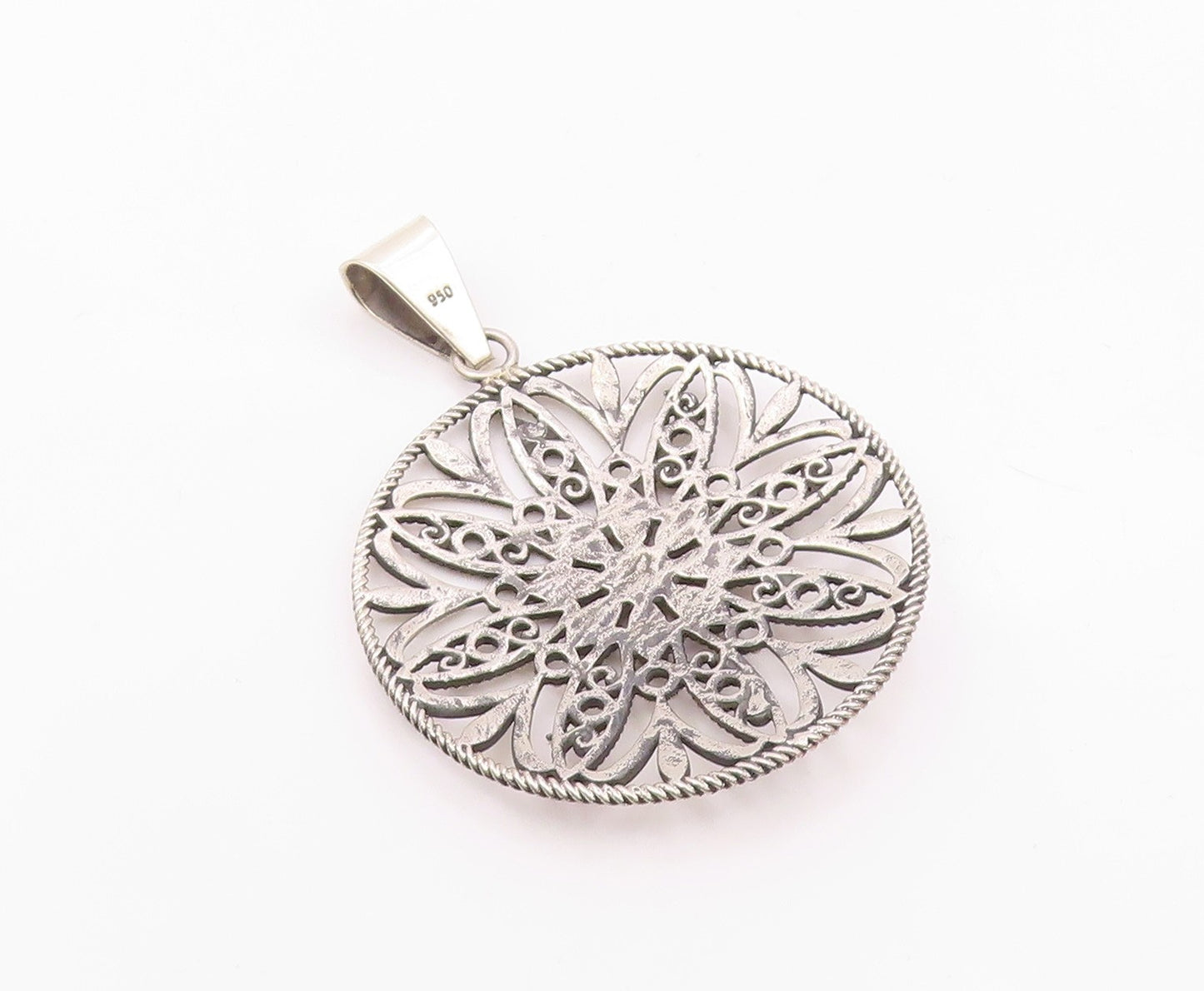 925 Sterling Silver  Vintage Shiny Open Floral Twist Round Pendant  PT10615