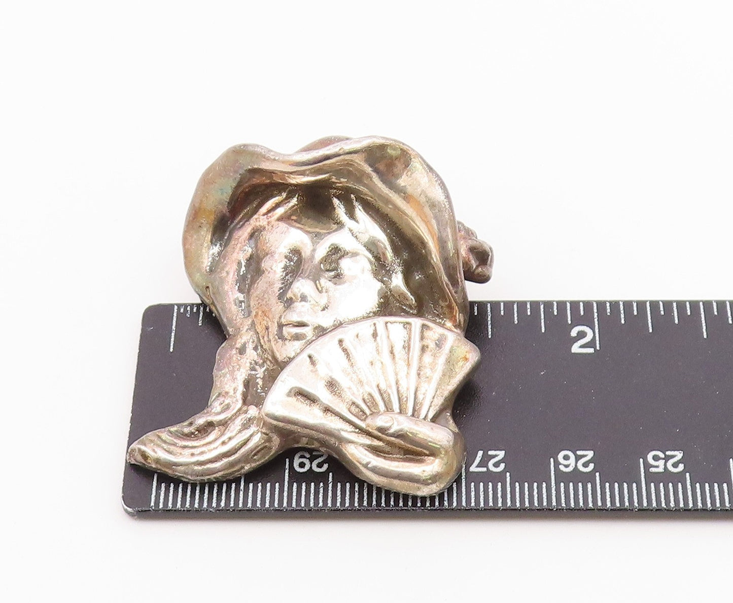 925 Sterling Silver  Vintage Shiny Woman With Hand Fan Brooch Pin  BP7934