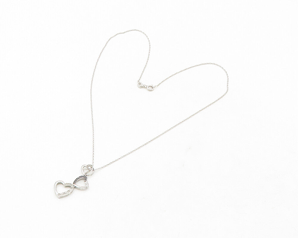 925 Silver  Genuine Black & White Diamonds Love Hearts Chain Necklace  NE2059