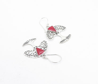 925 Sterling Silver  Red Sponge Coral Tree Of Life Dangle Earrings  EG3392