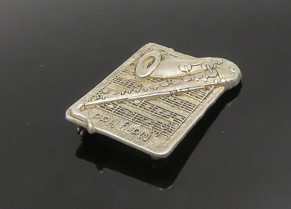 DESIGNER 925 Silver  Vintage Saxophone & Sheet Music Motif Brooch Pin  BP9145