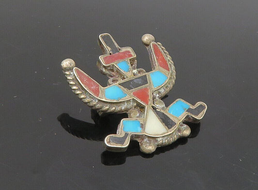 ZUNI 925 Silver - Vintage Antique Turquoise Onyx & Coral Brooch Pin - BP3344