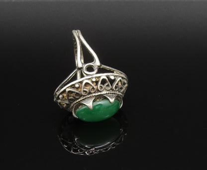 925 Silver  Vintage Cabochon Green Onyx Open Scroll Heart Ring Sz 5  RG25837