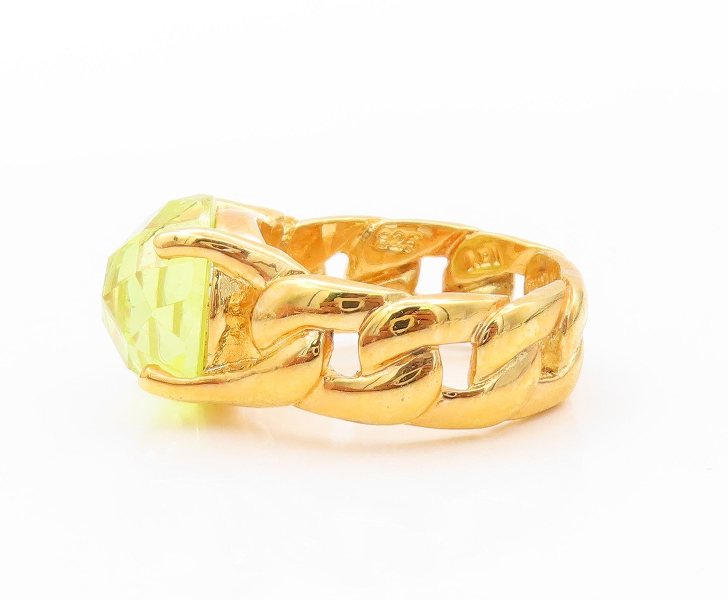 925 Sterling Silver Vintage Ring Gold Plated Green Faceted Glass  Sz 7  RG32536