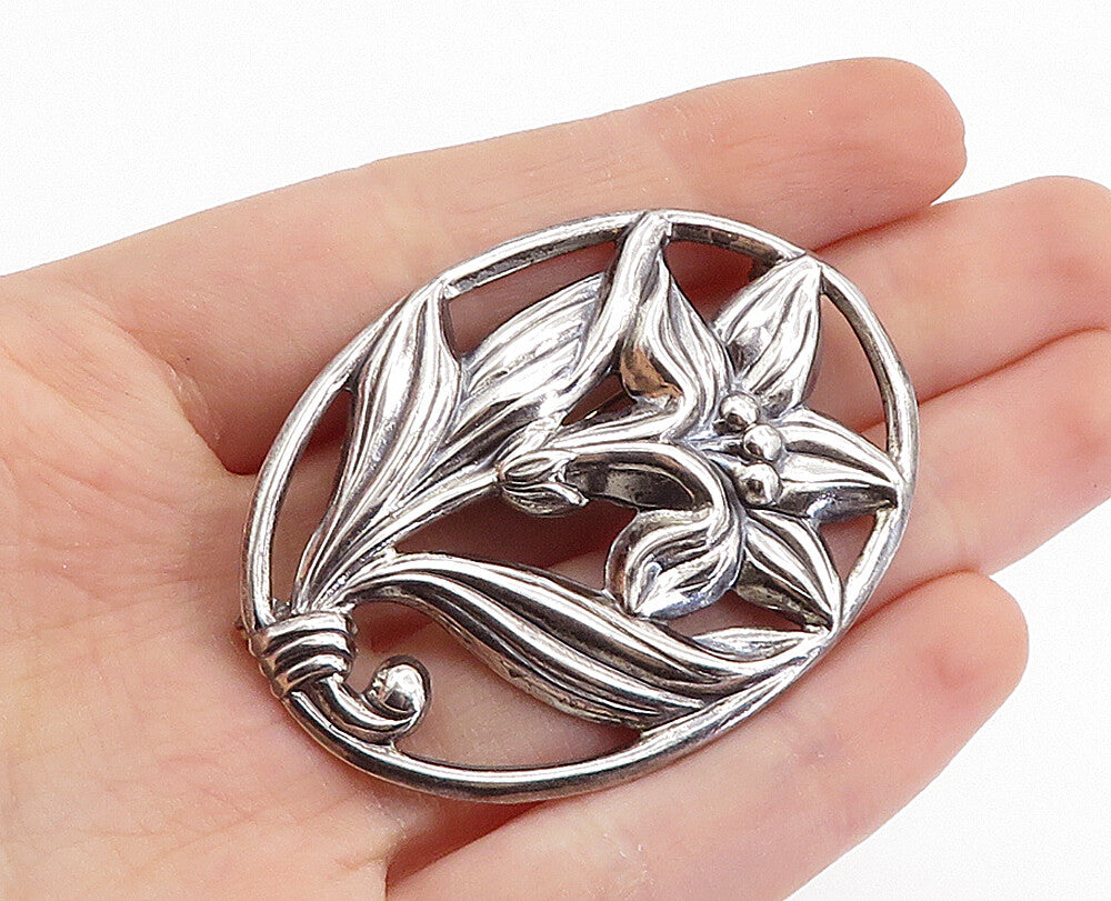 925 Sterling Silver  Vintage Shiny Blooming Flower Oval Brooch Pin  BP2547