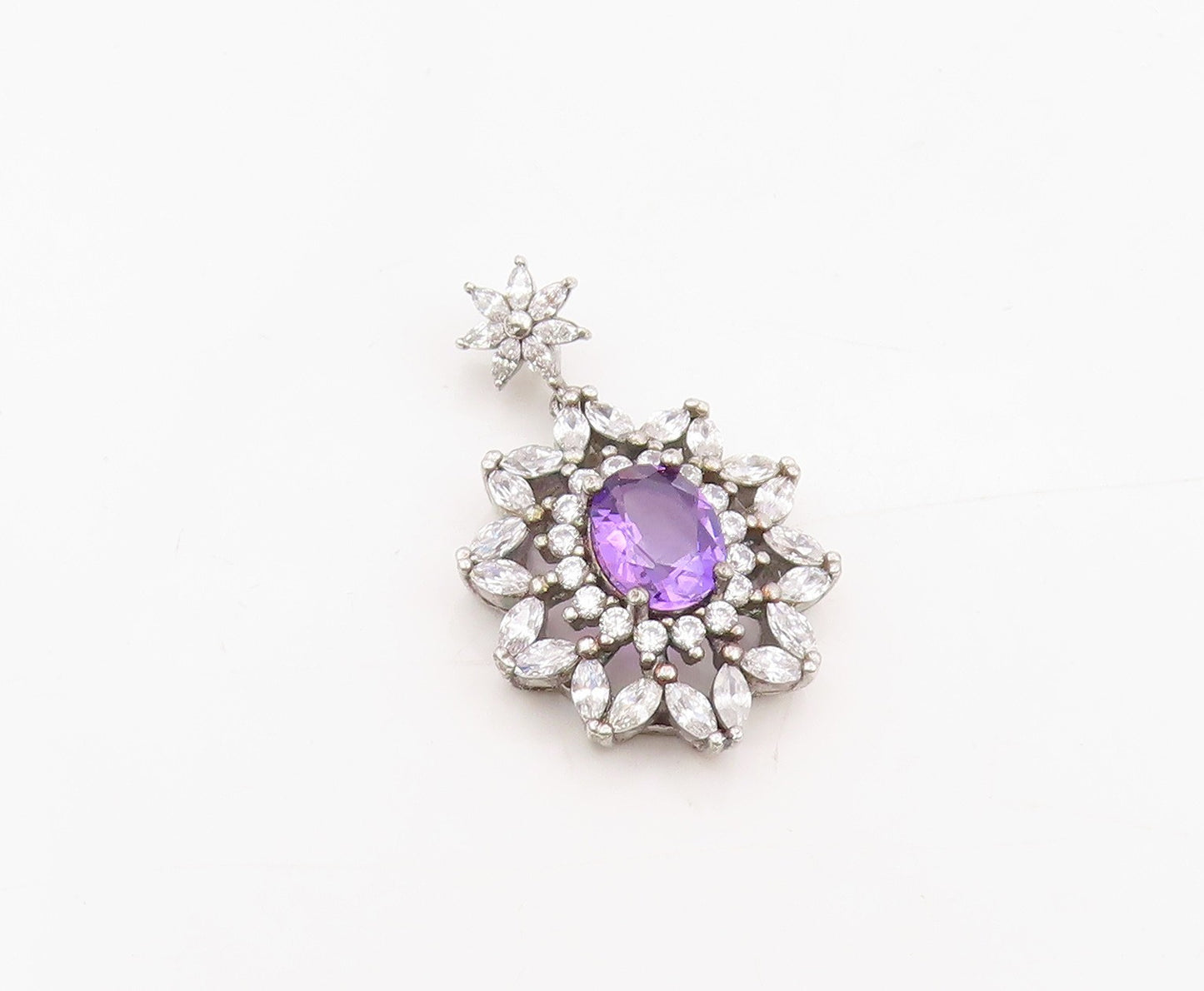 925 Sterling Silver Vintage Pendant Amethyst & Halo CZ Floral Cluster  PT25563