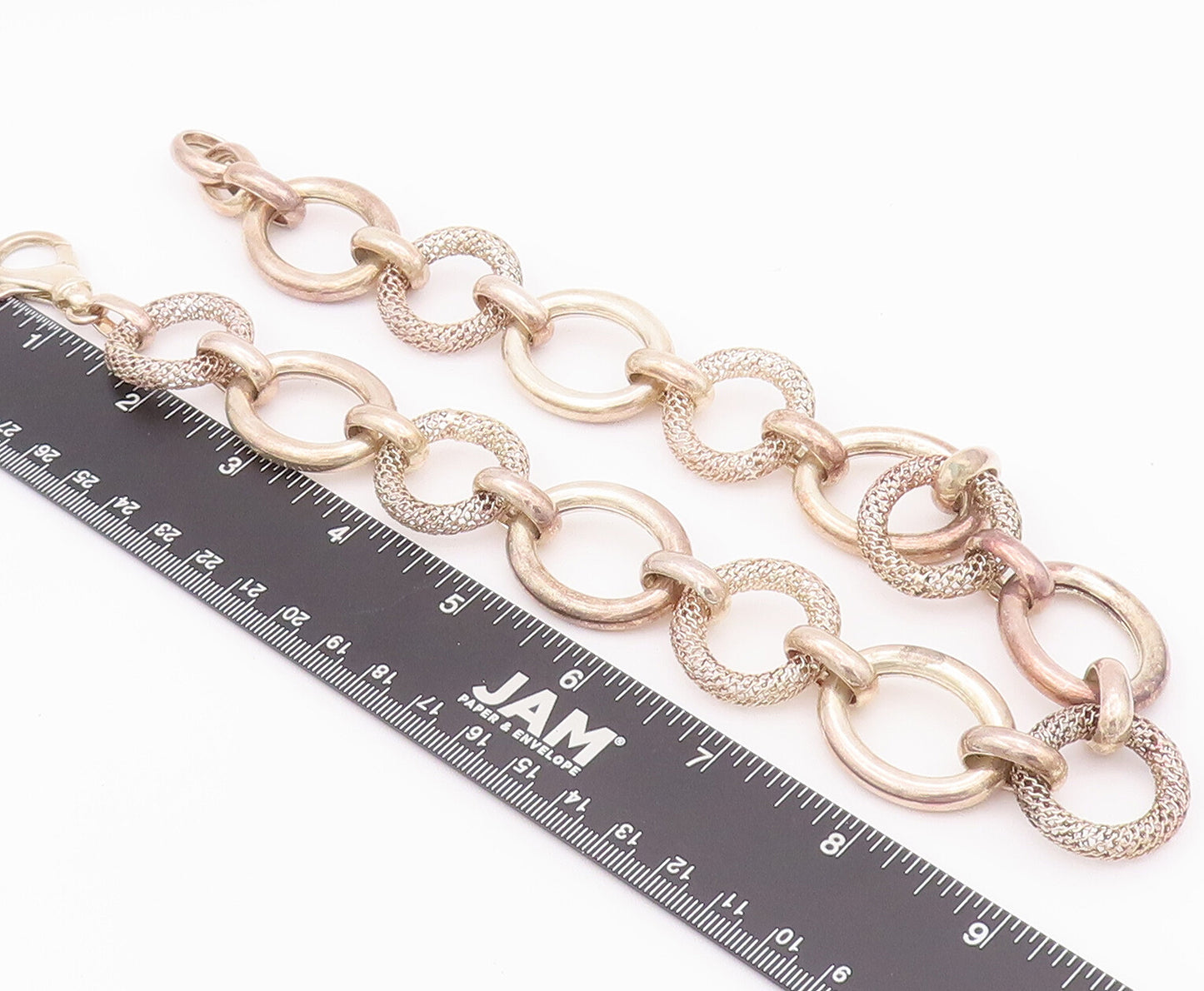 925 Sterling Silver Vintage Necklace Large Carved Solid Rings Link Chain  NE4255