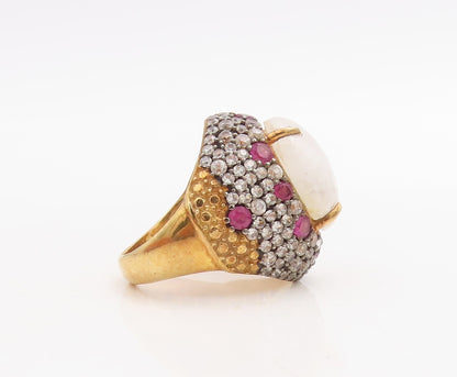 925 Sterling Silver Vintage Ring Gold Plated Moonstone & Pink CZ Sz 6.5 RG30964