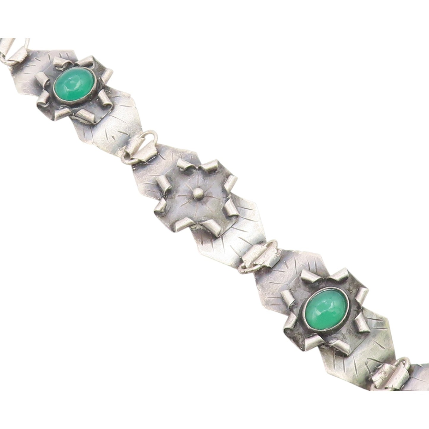 EUROPEAN 925 Silver  Vintage Green Carnelian Modernist Chain Bracelet  BT8068