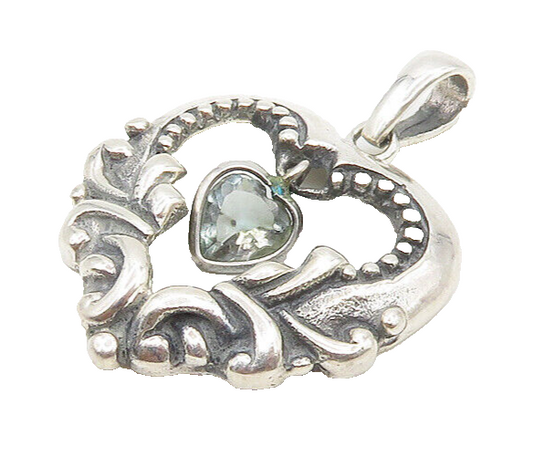 925 Sterling Silver  Vintage Aquamarine Swirl Love Heart Pendant  PT14667