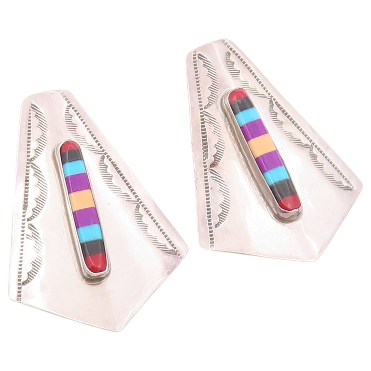 925 Sterling Silver Vintage Earrings SOUITHWESTERN Multi Gemstone Stud  EG14513