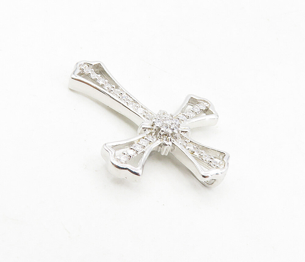 925 Sterling Silver  Shiny White Topaz Floral Religious Cross Pendant  PT6491
