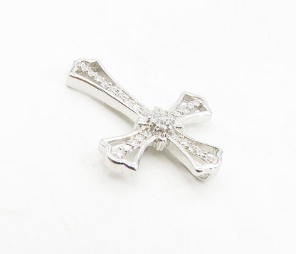 925 Sterling Silver  Shiny White Topaz Floral Religious Cross Pendant  PT6491