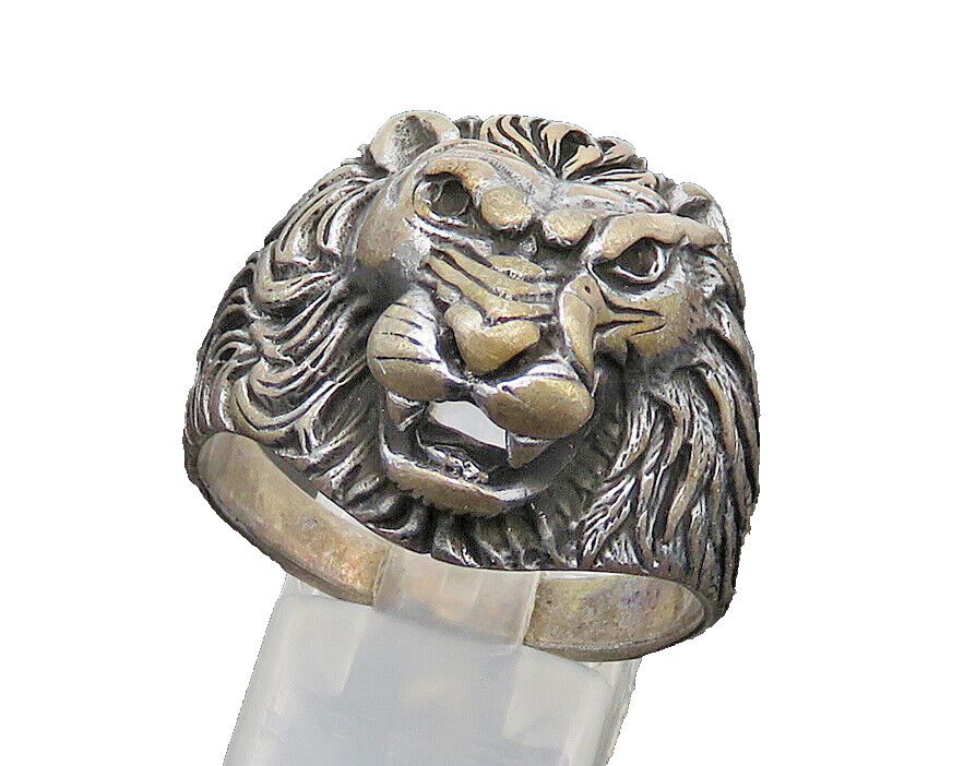 925 Sterling Silver  Vintage Dark Tone Lion's Head Band Ring Sz 13  RG20261