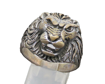 925 Sterling Silver  Vintage Dark Tone Lion's Head Band Ring Sz 13  RG20261