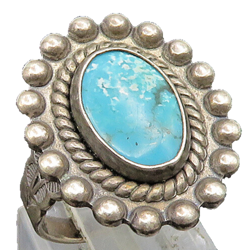 SOUTHWESTERN 925 Silver Vintage Beaded Border Turquoise Ring Sz 5 RG24678